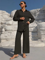 Plus Size Casual Loose Two-Piece Set Wide Leg Pants Long Sleeve Shirt Light Beige Street Style Elegant Quality Polyester Summ...