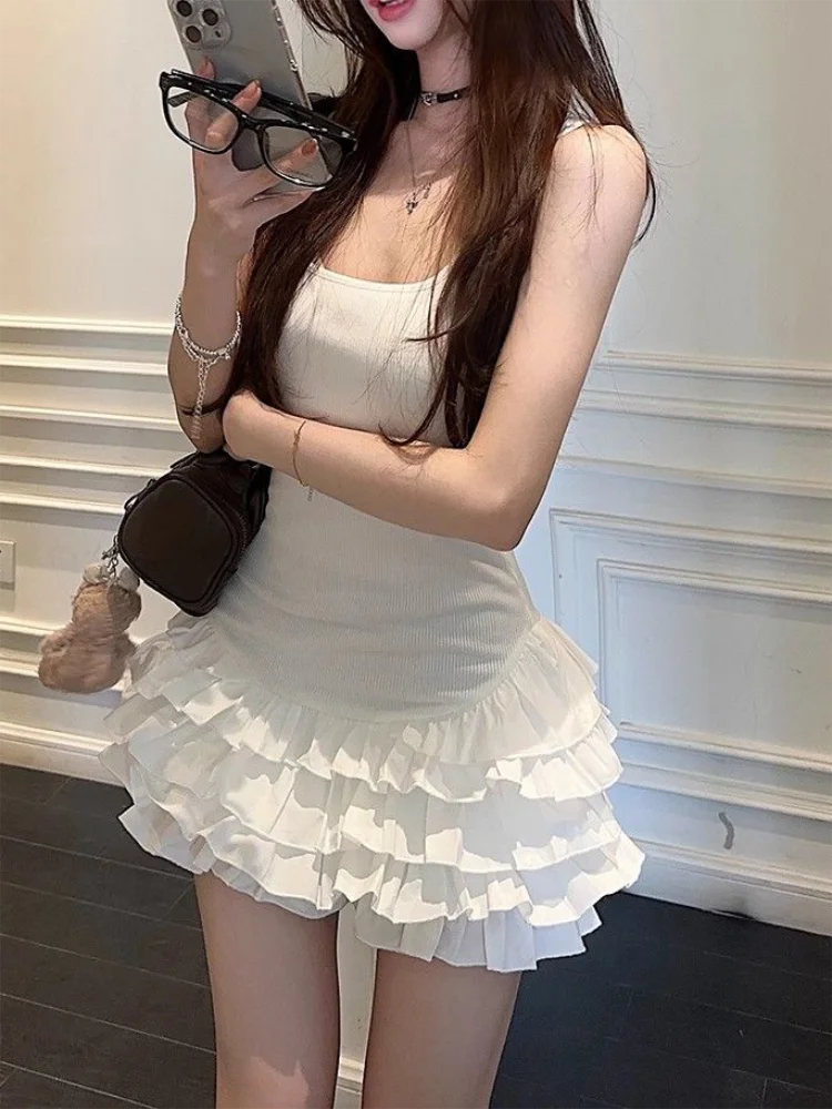 Chic Y2K Sleeveless Mini Dress For Woman Summer Black Dresses Sexy Clubwear Party Slim fit Ruffle Pleated Short Dress