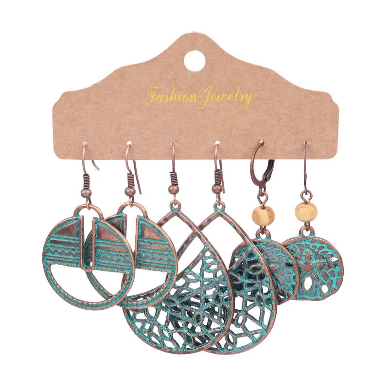 Boho 3Pcs/set Ethnic Leaf Bronze Earrings Set Vintage Hanging Earrings for Women Gypsy Statement Jewelry Accessories Pendientes