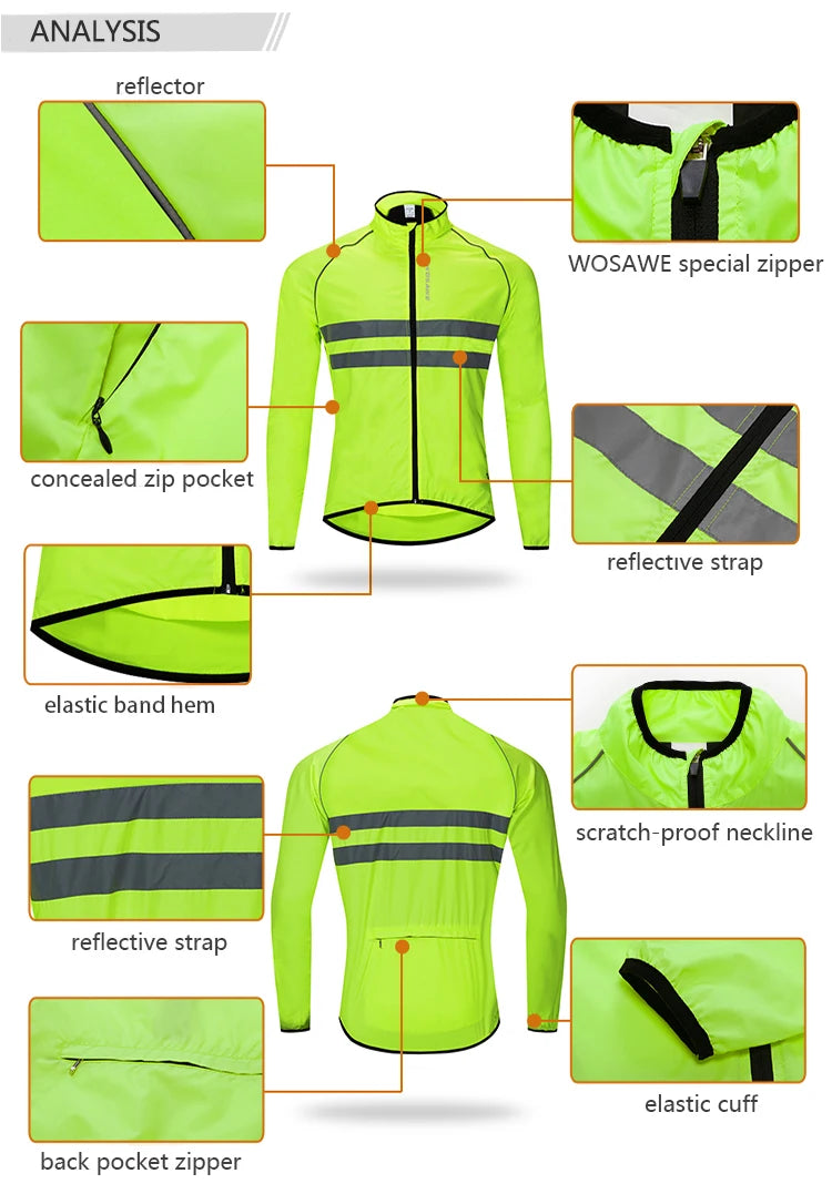 WOSAWE Cycling Windbreaker Men Packable Windproof Reflevtive Jacket Running Biking Hiking Riding Wind Coat MTB Bicycle Jersey