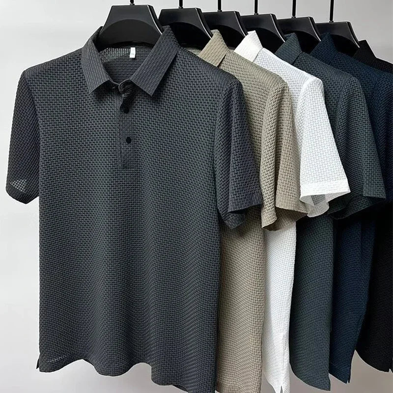 New Men's Business Casual Short Sleeved Bone Flower Solid Color POLO Shirt Fashion Breathable Comfortable Summer Versatile Top