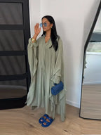 Maxi Dress Women's Dresses Batwing Sleeve Beige Ruffle Tie Neck Pleated Oversized Woman Clothes Casual Wear Summer Outfit