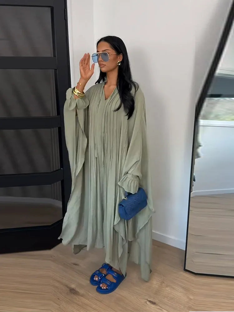 Maxi Dress Women's Dresses Batwing Sleeve Beige Ruffle Tie Neck Pleated Oversized Woman Clothes Casual Wear Summer Outfit