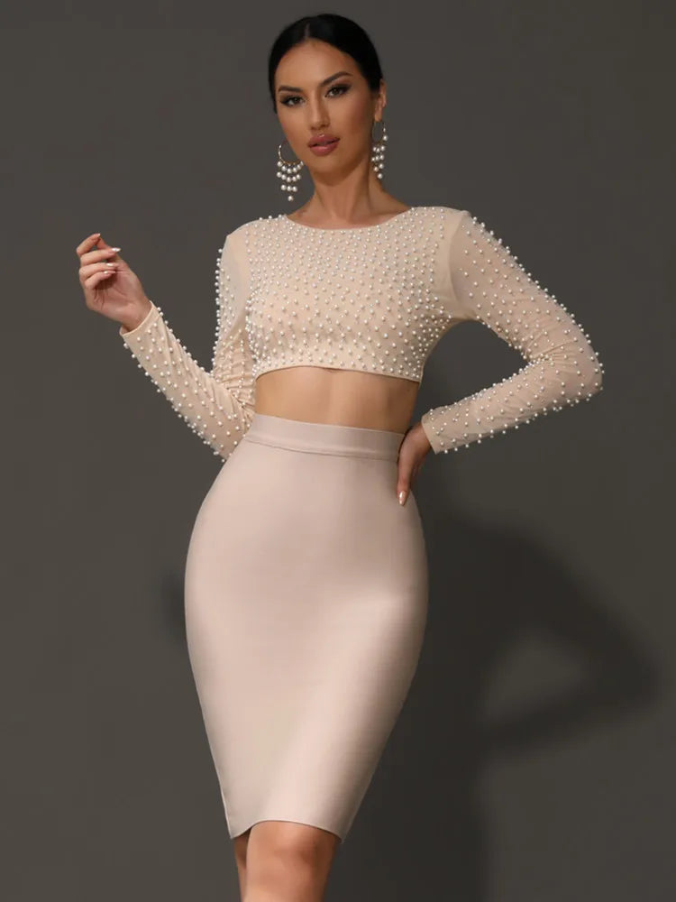 Sexy O Neck Long Sleeve Mesh Pearl Beige Black Celebrity Midi Women Bandage Set 2024 Designer Evening Party Women's Set