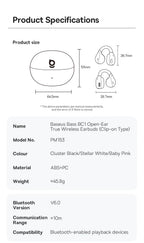 Baseus BC1 Ear Clip Earbuds Open Ear Wireless Earphones Bluetooth 6.0 Clip On Sports Headphones 4-Mics Super Bass IP55 Ear buds