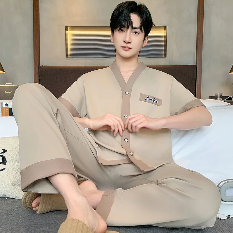 Men's Japanese Kimono Casual Fashion Solid Color Cardigan Loose Summer Short-Sleeved Pajamas with long pants Home Comfort Wear