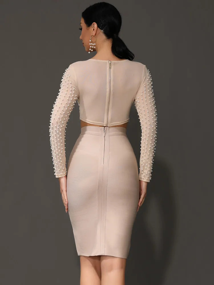 Sexy O Neck Long Sleeve Mesh Pearl Beige Black Celebrity Midi Women Bandage Set 2024 Designer Evening Party Women's Set