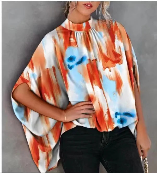 Casual Loose Women's Blouse Fashion Batwing Sleeve Print O-neck Shirts Top Spring Summer Office Lady Blouses Elegant Tops 2024
