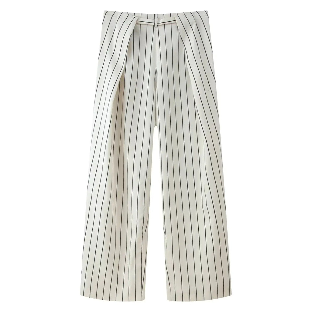 HH Women Spring New Fashion Vintage Versatile Beige Striped Puffy Sleeve Shirt+High Waisted Loose Pleated Casual Long Pants Set