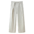 HH Women Spring New Fashion Vintage Versatile Beige Striped Puffy Sleeve Shirt+High Waisted Loose Pleated Casual Long Pants Set