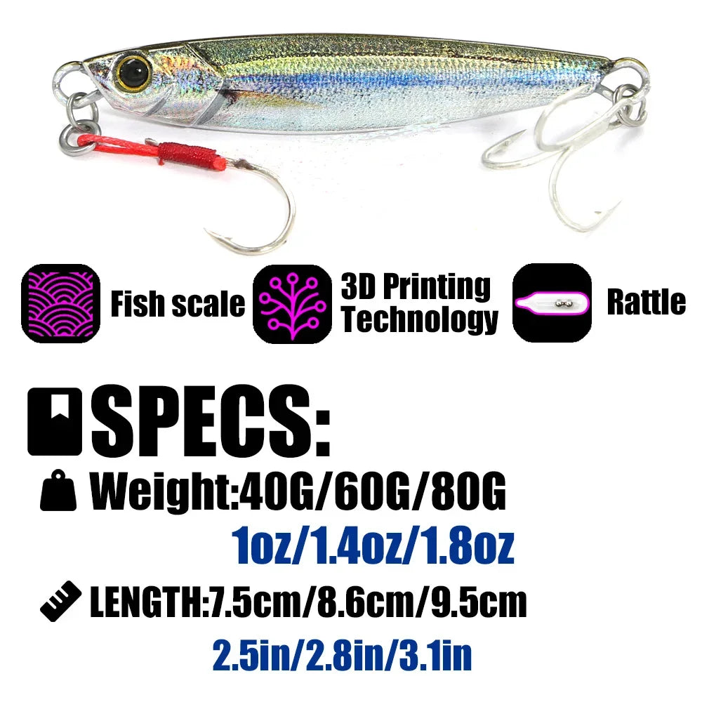 B&U Rattle Jig Sea Fishing Lures Metal Jig 40g 60g 80g Long Casting Lure Spinning Artificial Bait with Hook Spoon Fishing Tackle
