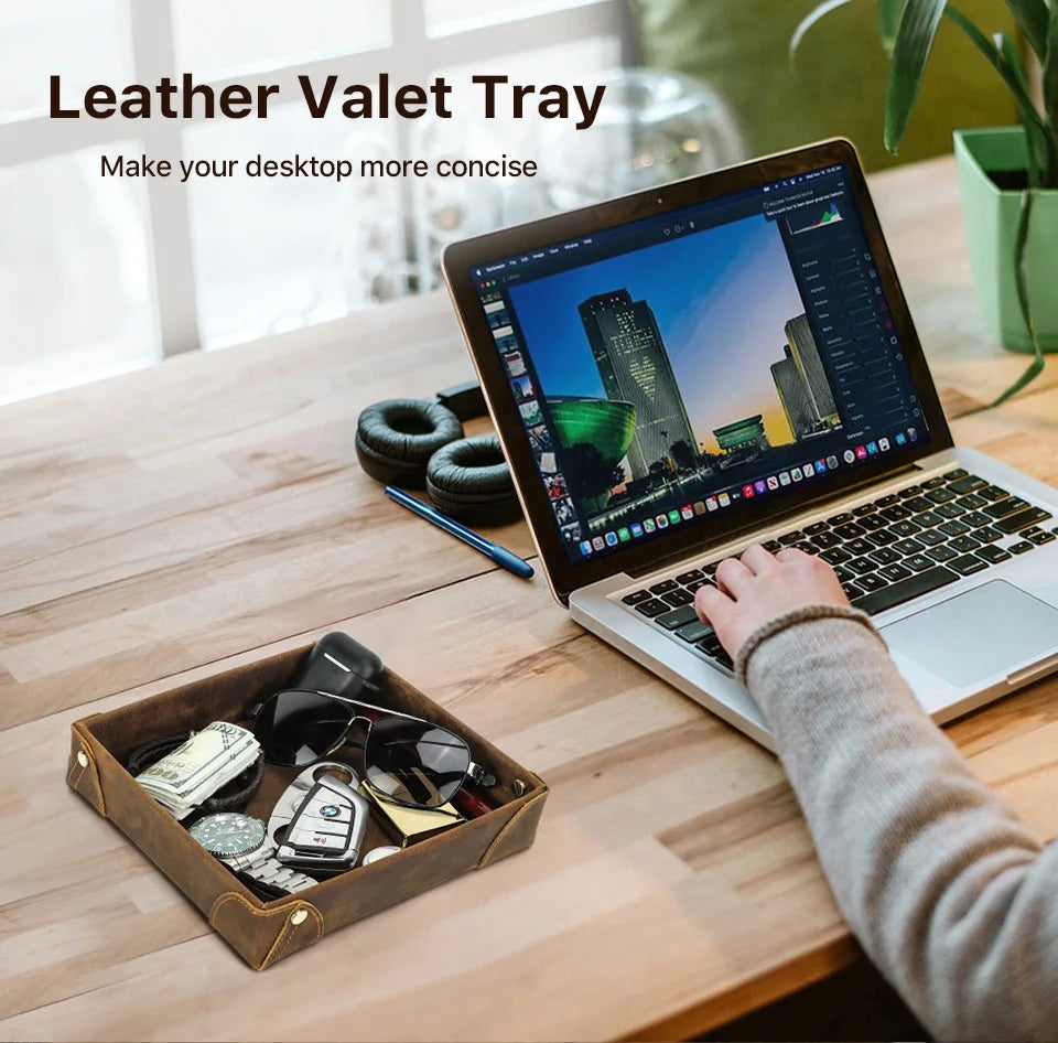 Retro Genuine Leather Storage Tray Desktop Organizer For Key Jewelry Coins Cable Cosmetic Storage Box Home Decoration