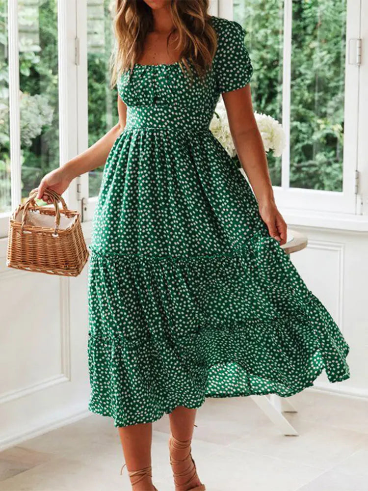 Vestidos Vintage Vintage Print Puff Sleeve summer Beach sweet dresses Casual Square collar floral maxi long dress festa Main image
