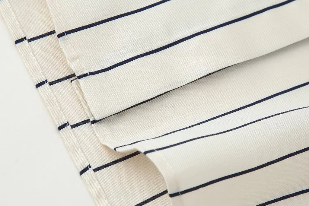 HH Women Spring New Fashion Vintage Versatile Beige Striped Puffy Sleeve Shirt+High Waisted Loose Pleated Casual Long Pants Set