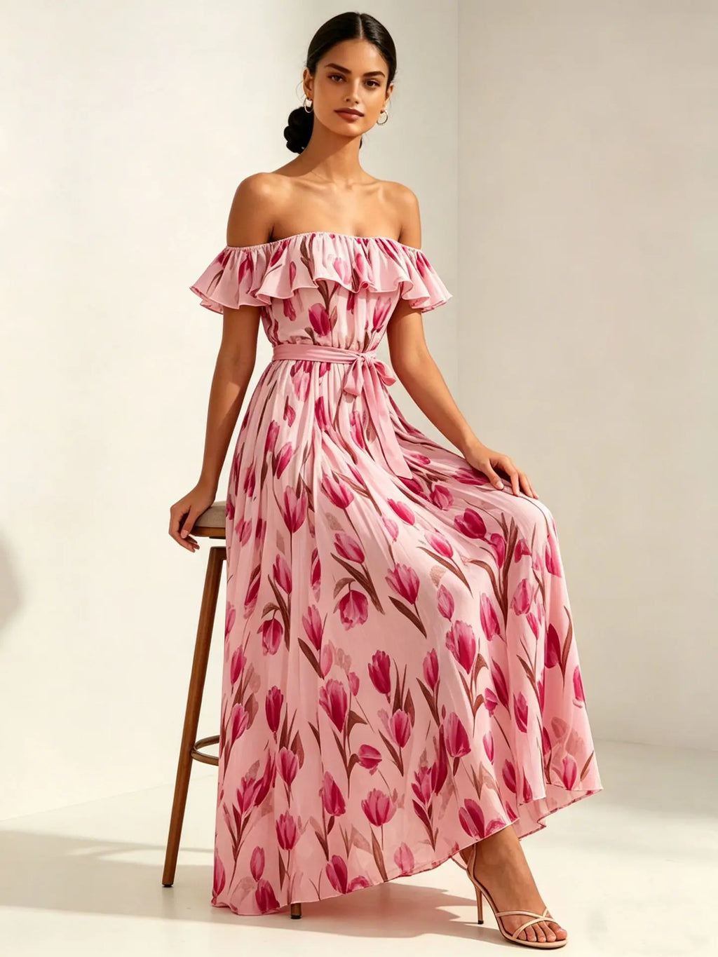 2026 summer off-the-shoulder tulip print plus size slimming square neck maxi dress