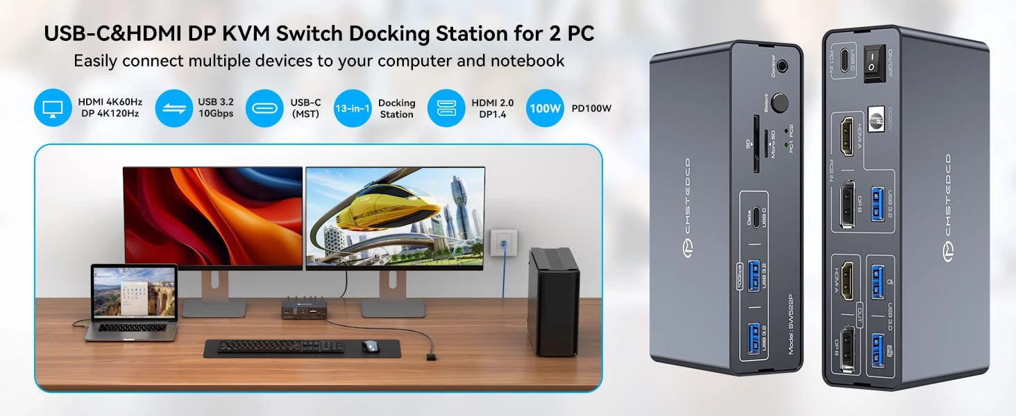 KVM Switch 2 Monitors 2 Computers Docking Station USB C+HDMI/DP Input,4K@60Hz/120Hz DisplayPort Dual Monitor for Laptop Desktop