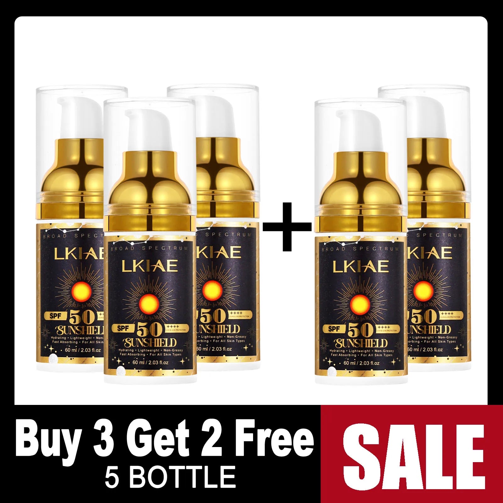 LKIAE Sunscreen, Broad Spectrum SPF 50, UVA/UVB, Lightweight & Non-Greasy, Sunblock, for Face, Body, Non-Comedogenic, 60ml