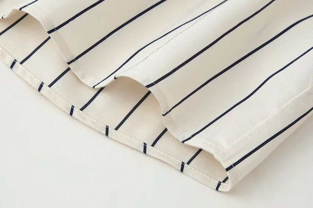 HH Women Spring New Fashion Vintage Versatile Beige Striped Puffy Sleeve Shirt+High Waisted Loose Pleated Casual Long Pants Set