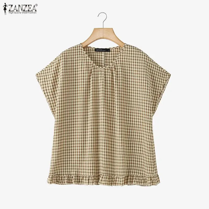 Women Summer Plaid Checked Blouse ZANZEA 2026 Fashion O Neck Short Sleeve Tops Casual Loose Holiday Shirt Elegant Work Blusas