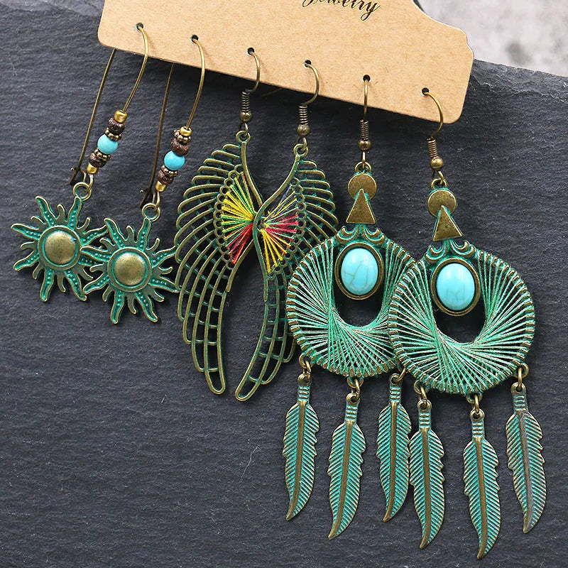 Boho 3Pcs/set Ethnic Leaf Bronze Earrings Set Vintage Hanging Earrings for Women Gypsy Statement Jewelry Accessories Pendientes