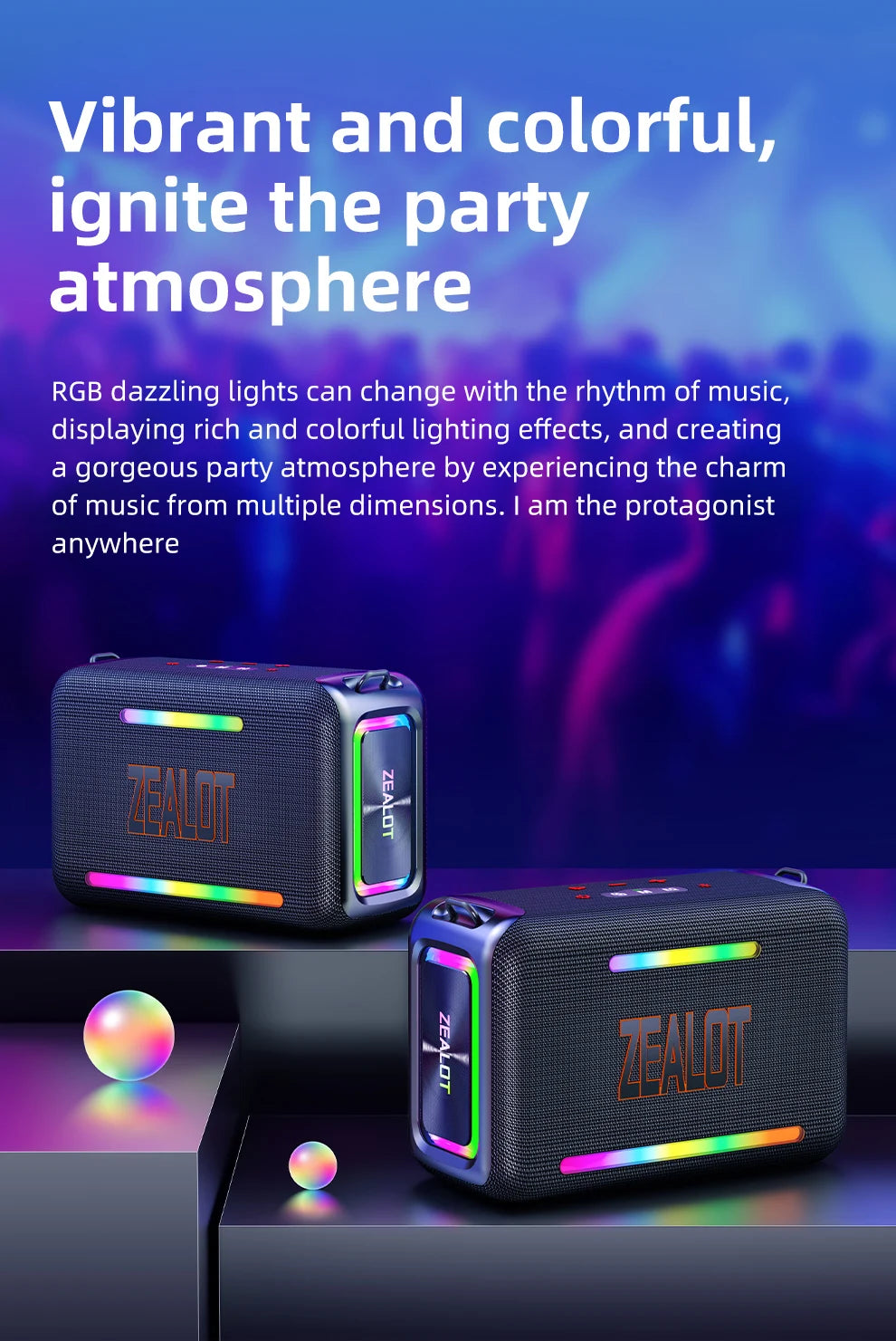 zealot-S95 Portable Bluetooth Speaker Waterproof 120W High Power RGB Colorful Light Wireless Subwoofer 360 Stereo Surround TWS