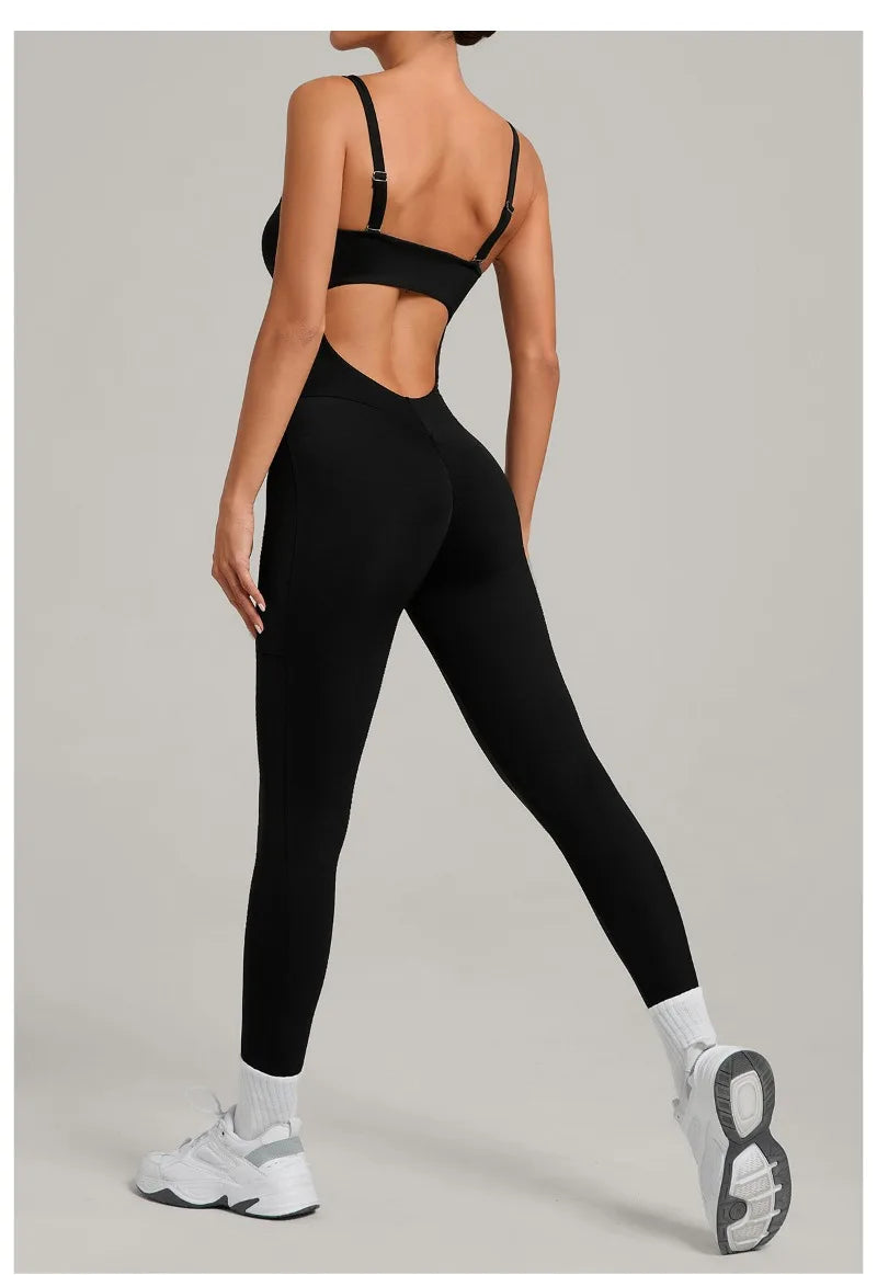 Women's Yoga Jumpsuits Sports Fitness One-piece Beauty Back Strap Pocket Hip-lifting Slim Fit Running Workout Training Bodysuits