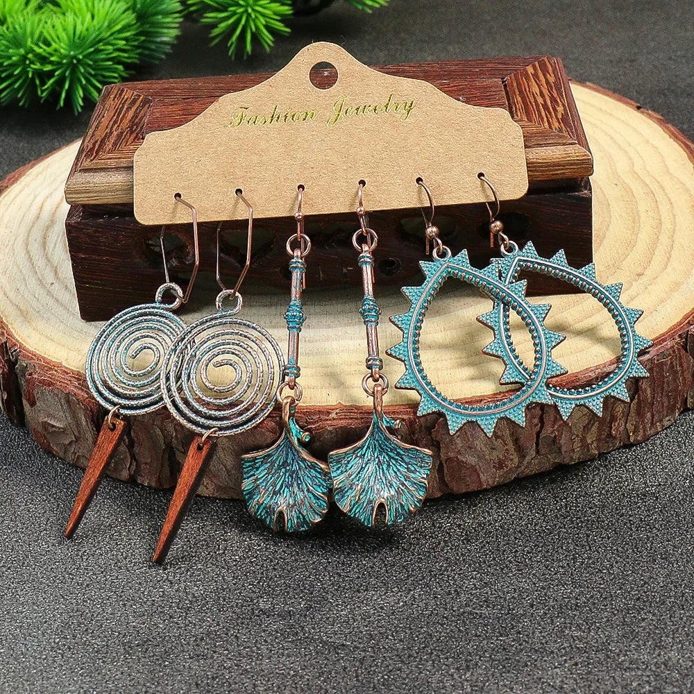 Boho 3Pcs/set Ethnic Leaf Bronze Earrings Set Vintage Hanging Earrings for Women Gypsy Statement Jewelry Accessories Pendientes