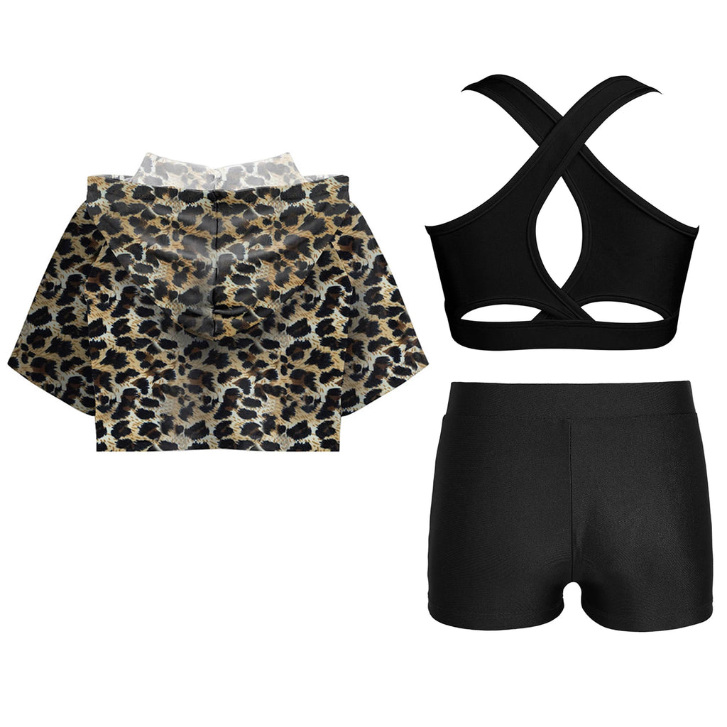 3Pcs Girls Sports Set Vest+Hooded Crop Top+Shorts Sportswear Set for Child Dance Yoga Running Cycling Workout Costume Activewear