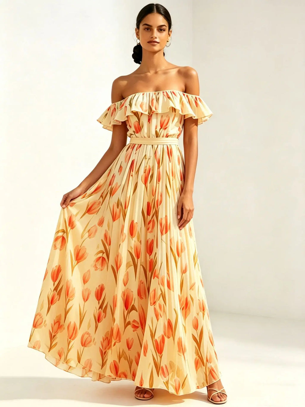 2026 summer off-the-shoulder tulip print plus size slimming square neck maxi dress