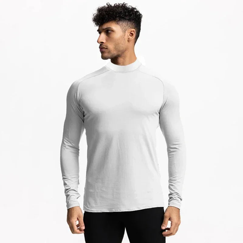 Plain Tight Absorb Sweat Elastic Shirts Gym Bodybuilding Fitness Turtleneck T-shirts Mens Long Sleeve Quick Dry Autumn Clothing