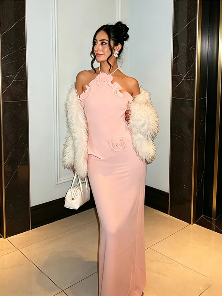 3D Prited Ruffle Women's Maxi Dress Halter Neck Trim Sleeveless Formal Evening Dresses 2026 Summer Wedding Guest Woman Vestidos
