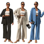 Plus Size Casual Loose Two-Piece Set Wide Leg Pants Long Sleeve Shirt Light Beige Street Style Elegant Quality Polyester Summ...
