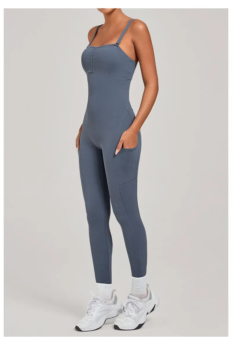 Women's Yoga Jumpsuits Sports Fitness One-piece Beauty Back Strap Pocket Hip-lifting Slim Fit Running Workout Training Bodysuits