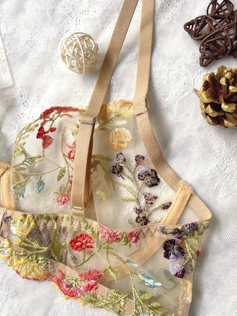 Yimunancy Floral Embroidery Lingerie Set Women Sheer 2-Piece Boho Bra + Panty Underwear Set Intimates