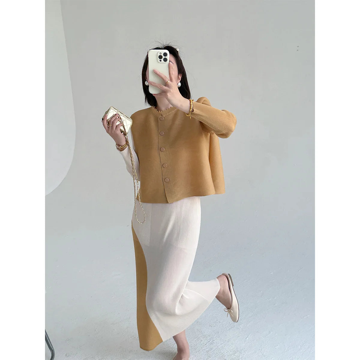 Khaki Beige Pleated Crew Neck Button Vest & Pleated Color Block Skirt Set Drapey Co-ord Set Minimalist Chic Trendy Daily 2026 Secondary image