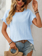 Solid Casual Loose Blouses For Women Fashion 2025 Summer Women's Hollow Short Sleeve Shirts And Blouses Elegant Female Blue Tops