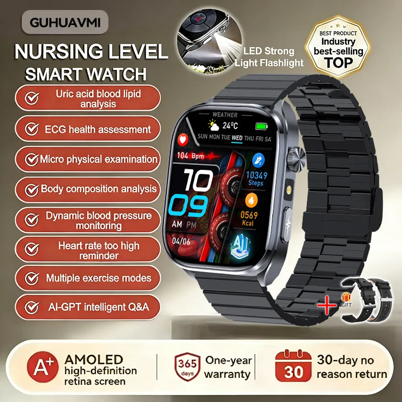 New Health Watch Uric Acid Blood Pressure Blood oxygen Body Analysis Body Fat SmartWatch ECG+PPG Bluetooth call Clock Women Men