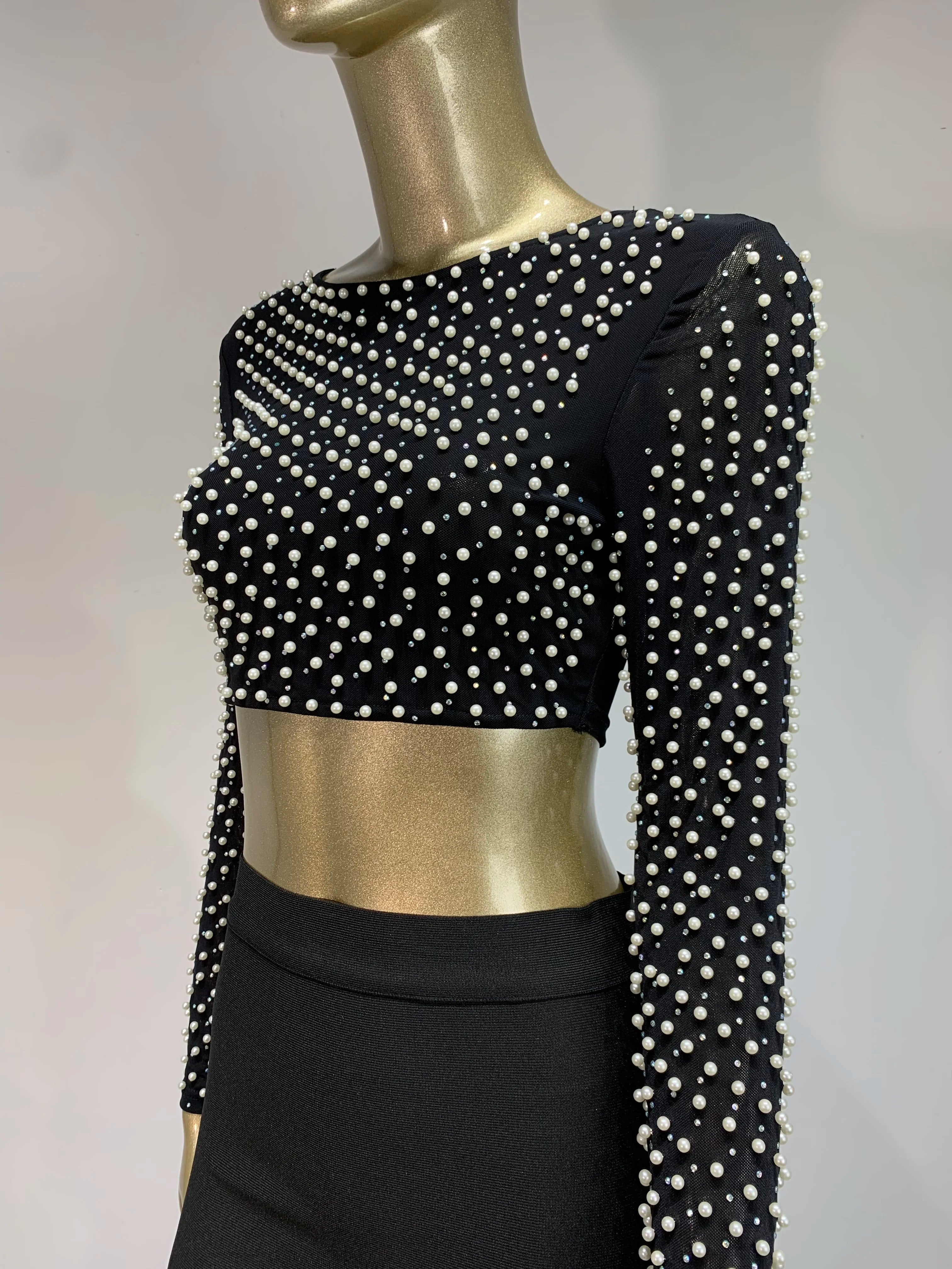 Sexy O Neck Long Sleeve Mesh Pearl Beige Black Celebrity Midi Women Bandage Set 2024 Designer Evening Party Women's Set