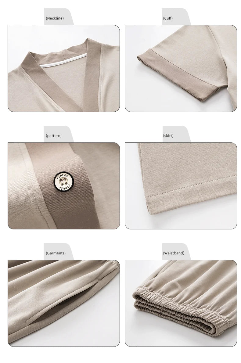 Men's Japanese Kimono Casual Fashion Solid Color Cardigan Loose Summer Short-Sleeved Pajamas with long pants Home Comfort Wear