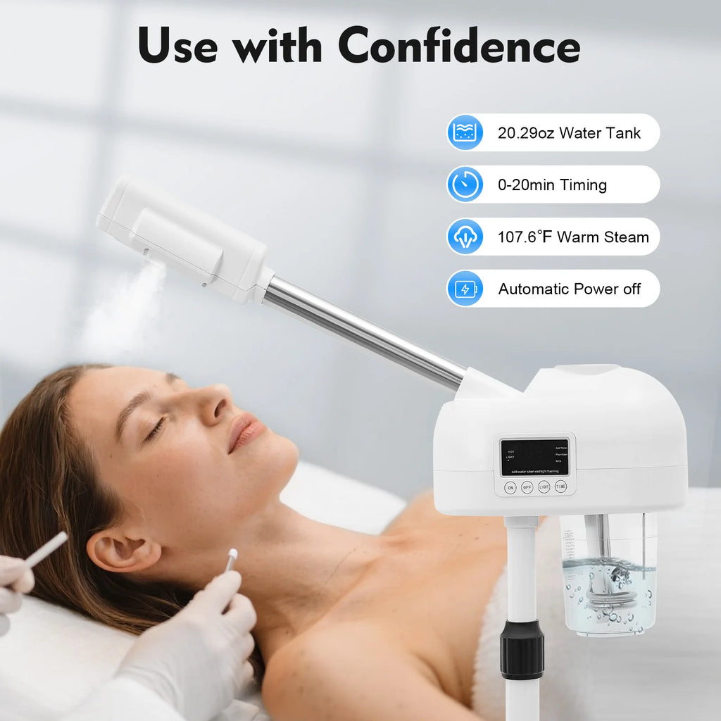 Professional Face Steamer Nano-Ion Ozone Hot Mist Hot Mist with LCD Screen Adjustable Height for Salon Home Spa Aging Reduction