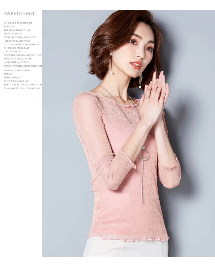 Glitter Mesh Blouse Sexy Womens Shirts Long Sleeve Tops Korean Black Pink O-Neck Elegant Slim Blouse Camisas Femininas