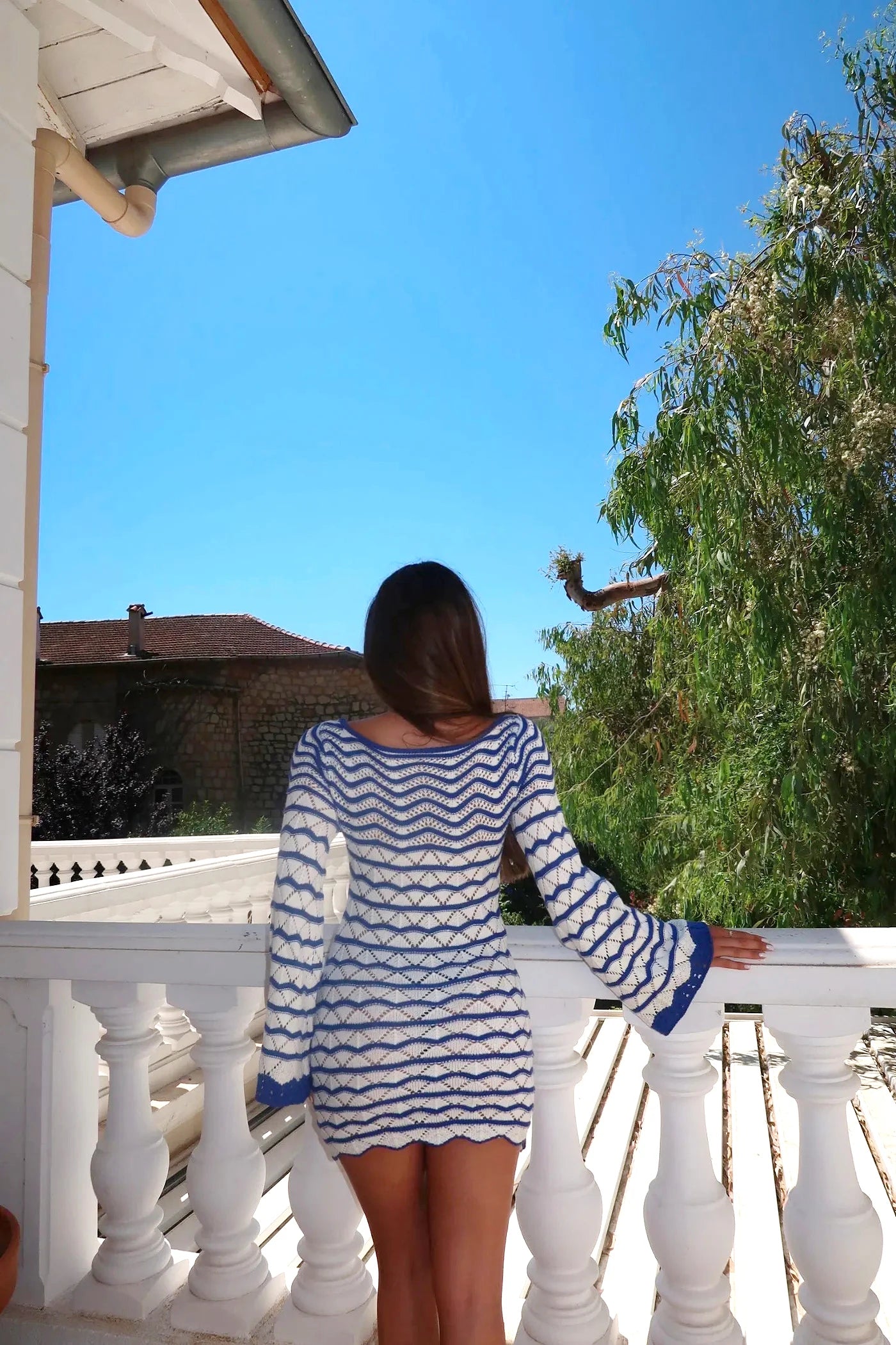 Sexy Boho Striped Chic V-neck Cut Out Bell Sleeve Knit Beach Mini Dress 2026 Summer Women Seaside Holiday Swimsuit Cover Up K123