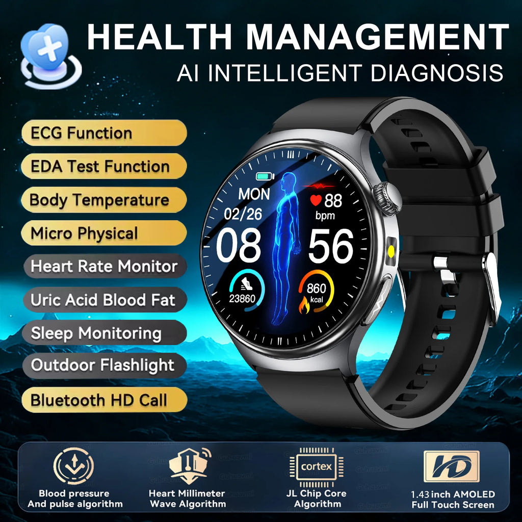 2026 New Accurate Body Health analysis Smart Watch Men ECG Blood lipids Uric acid Blood Pressure Body Fat Voice Call Smartwatch
