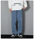 2026 New Korean Men's Casual Long Jeans Classic Man Straight Denim Wide-leg Pants Solid Color Light Blue Grey Black