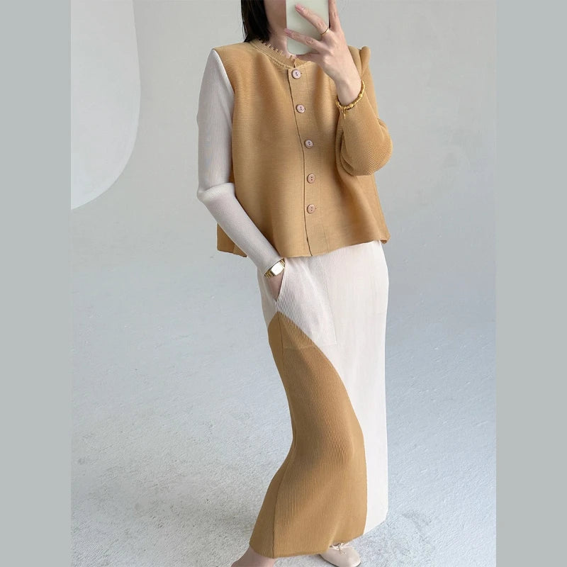 Khaki Beige Pleated Crew Neck Button Vest & Pleated Color Block Skirt Set Drapey Co-ord Set Minimalist Chic Trendy Daily 2026 Main image
