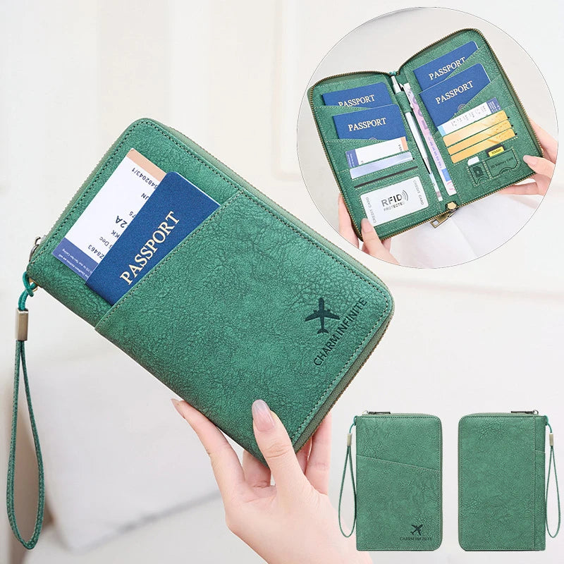Multi-Functional RFID Blocking Passport Bag Travel Document Holder with Long Zipper Ticket Storage Wallet for Multiple Passports