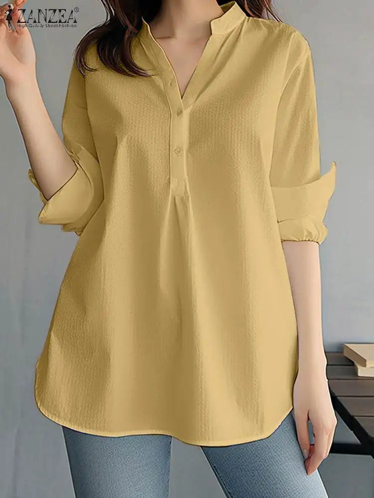 ZANZEA Women Fashion Whiter Shirts Casual Loose Button Down Blusas 2024 Summer Office Blouse Korean OL V-neck Long Sleeve Tunics Secondary image