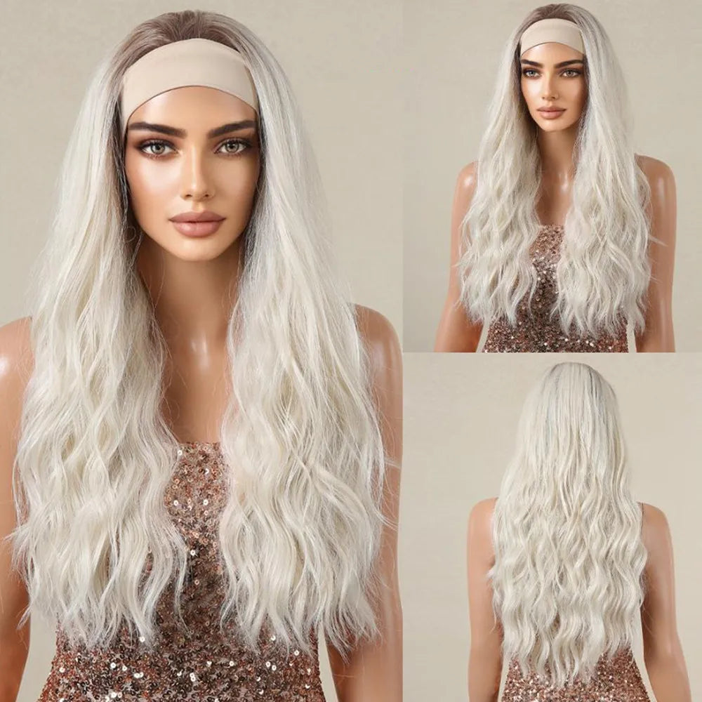 ALAN EATON Long Blonde Synthetic Headband Wig Ombre Blonde Straight Hair Wigs Natural Looking Heat Resistant Fiber for Daily Use