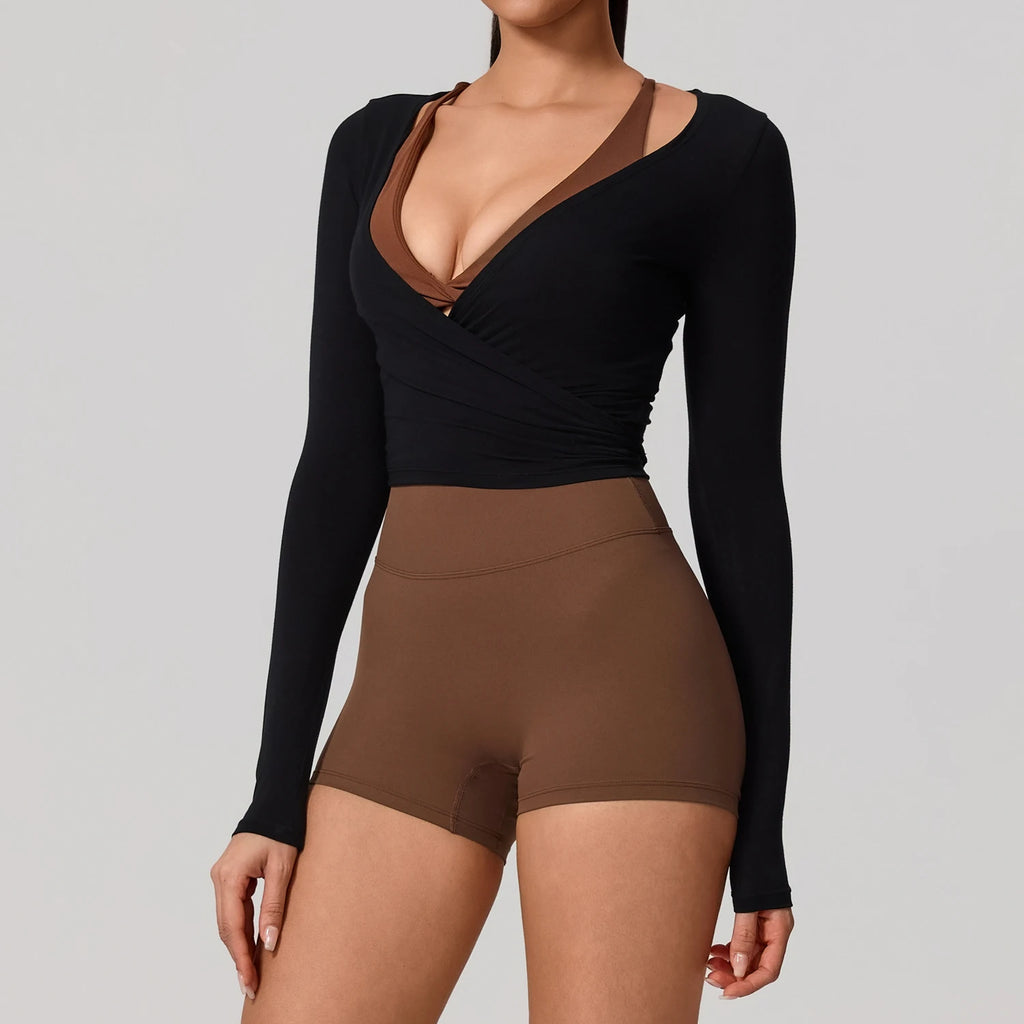 New Summer Women's Yoga Long Sleeve One Piece Strap Yoga Clothing Female Training Premium Ballet Wrap TopsWoman Gym Sports Top
