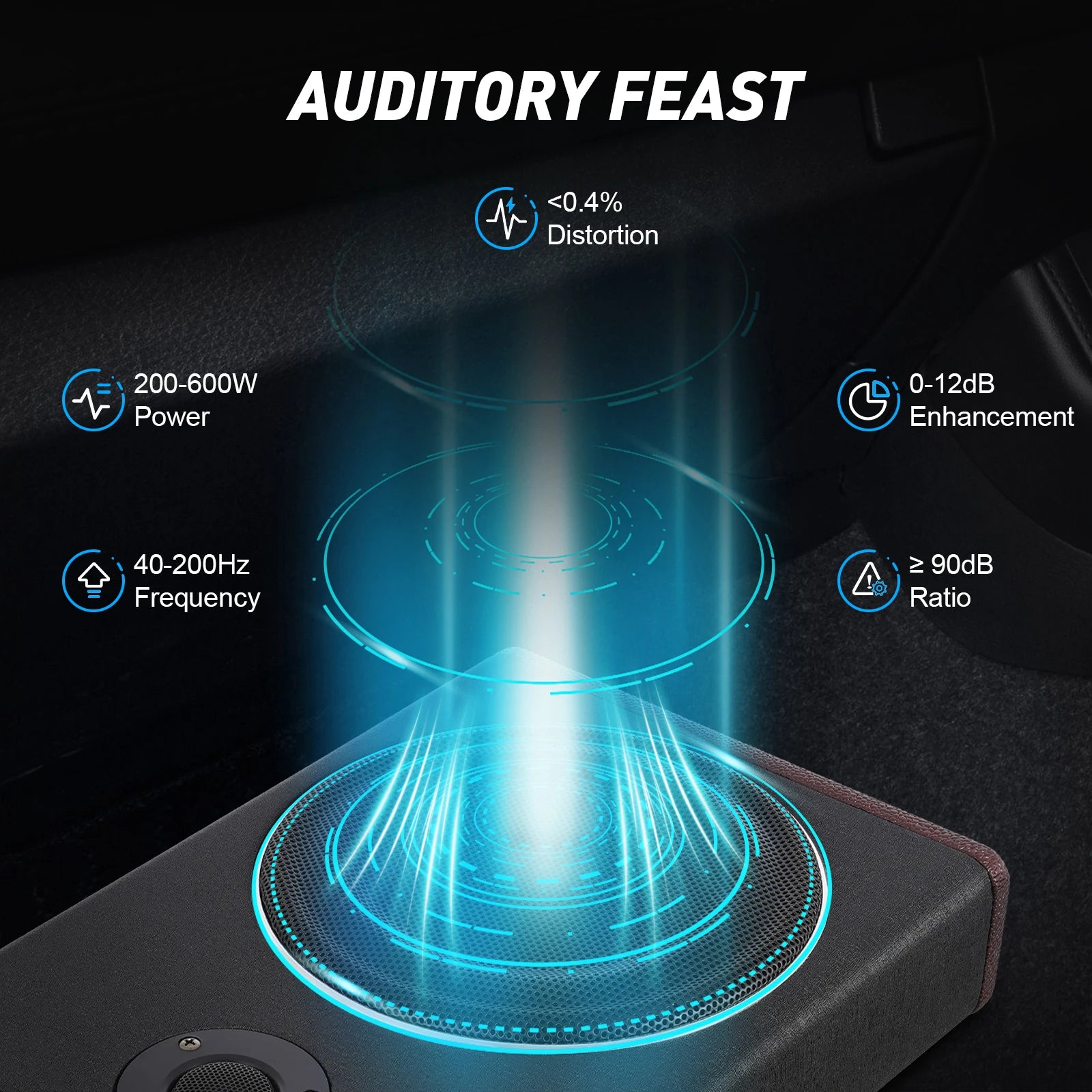 8 Inch Ultra Slim Car Subwoofer Under Seat 12V 600W Car Active Subwoofer Compact Car Bass Audio Car Stereo Amplifier Speaker
